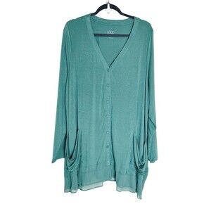 LOGO by Lori Goldstein 2X Button Up Cardigan Sweater Teal Lightweight Lace trim